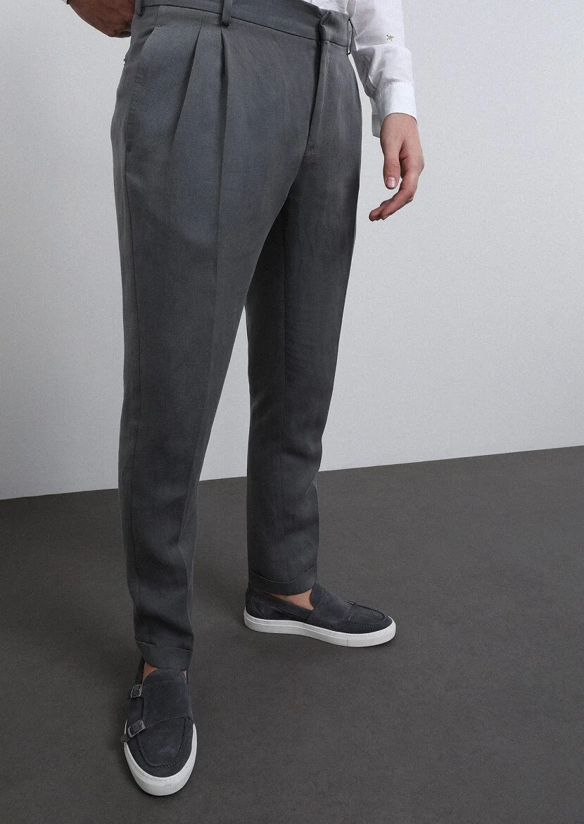 Grey Plain Shirt Shoulder Slim Fit Linen Blended Suit - 2