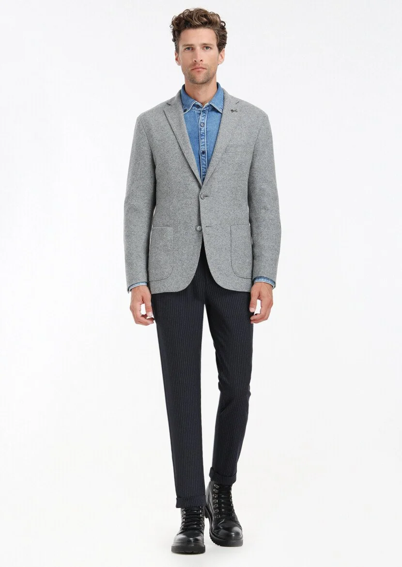Grey Plain Shirt Shoulder Slim Fit Wool Blended Jacket - 1