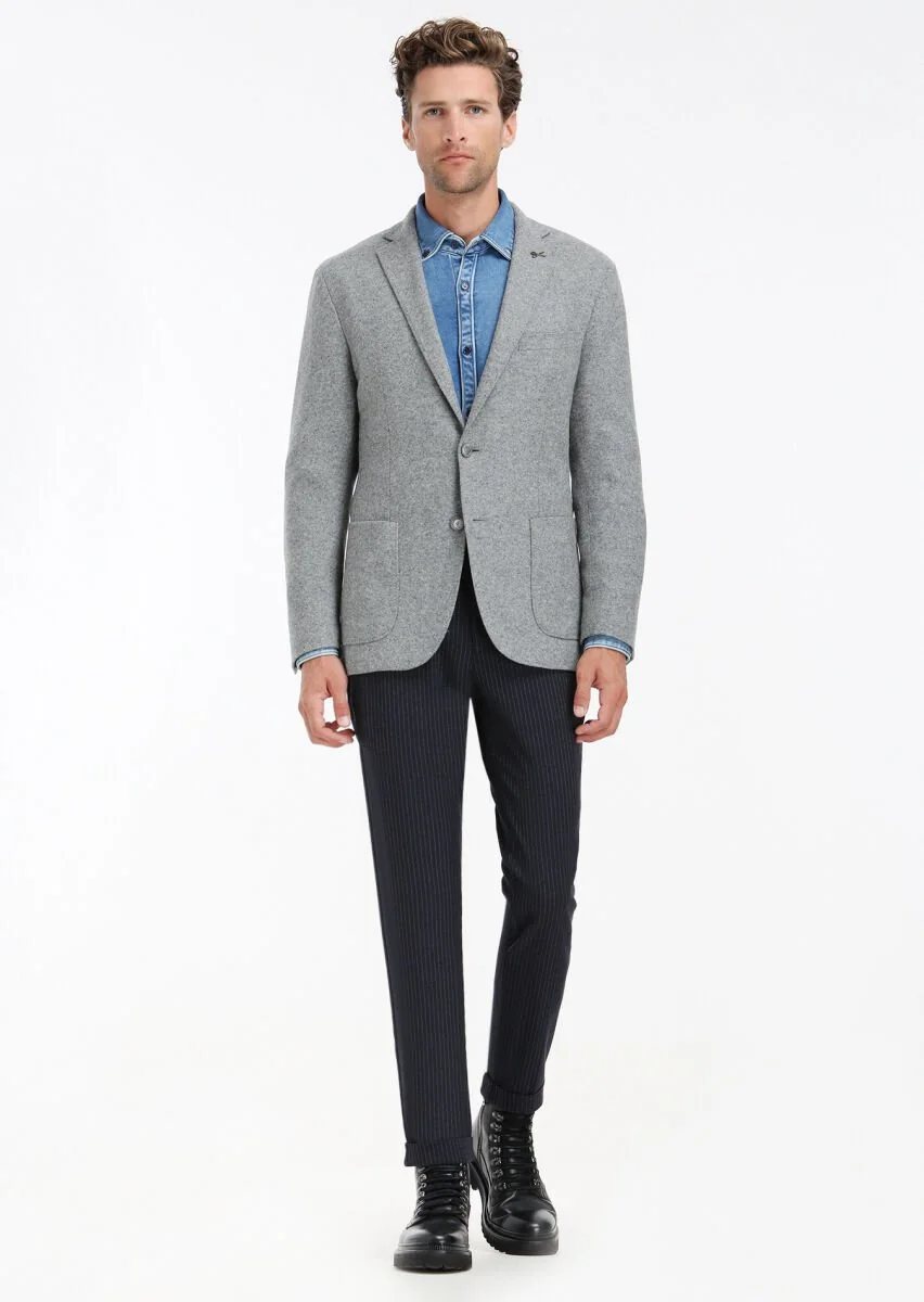 Grey Plain Shirt Shoulder Slim Fit Wool Blended Jacket - 1