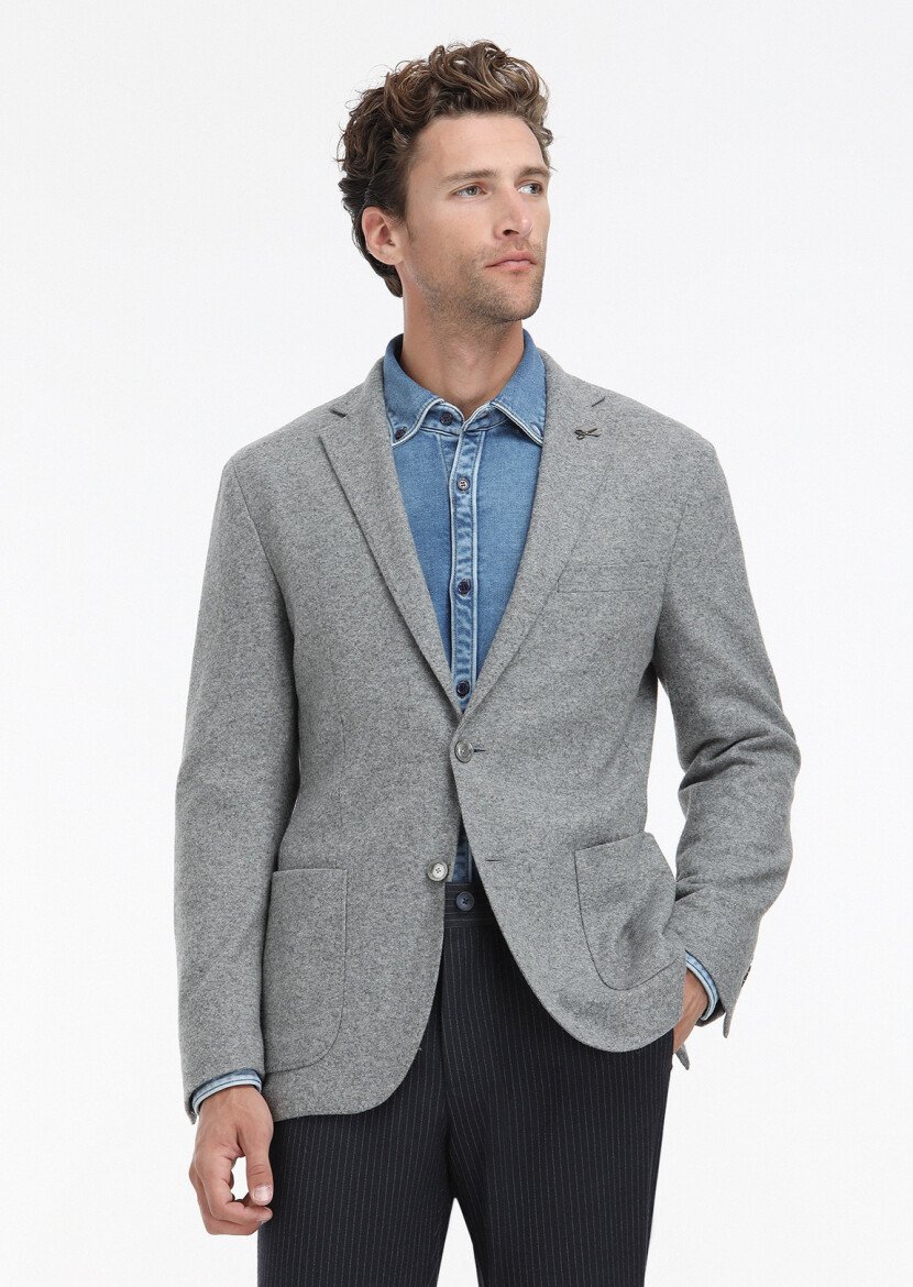 Grey Plain Shirt Shoulder Slim Fit Wool Blended Jacket - 2