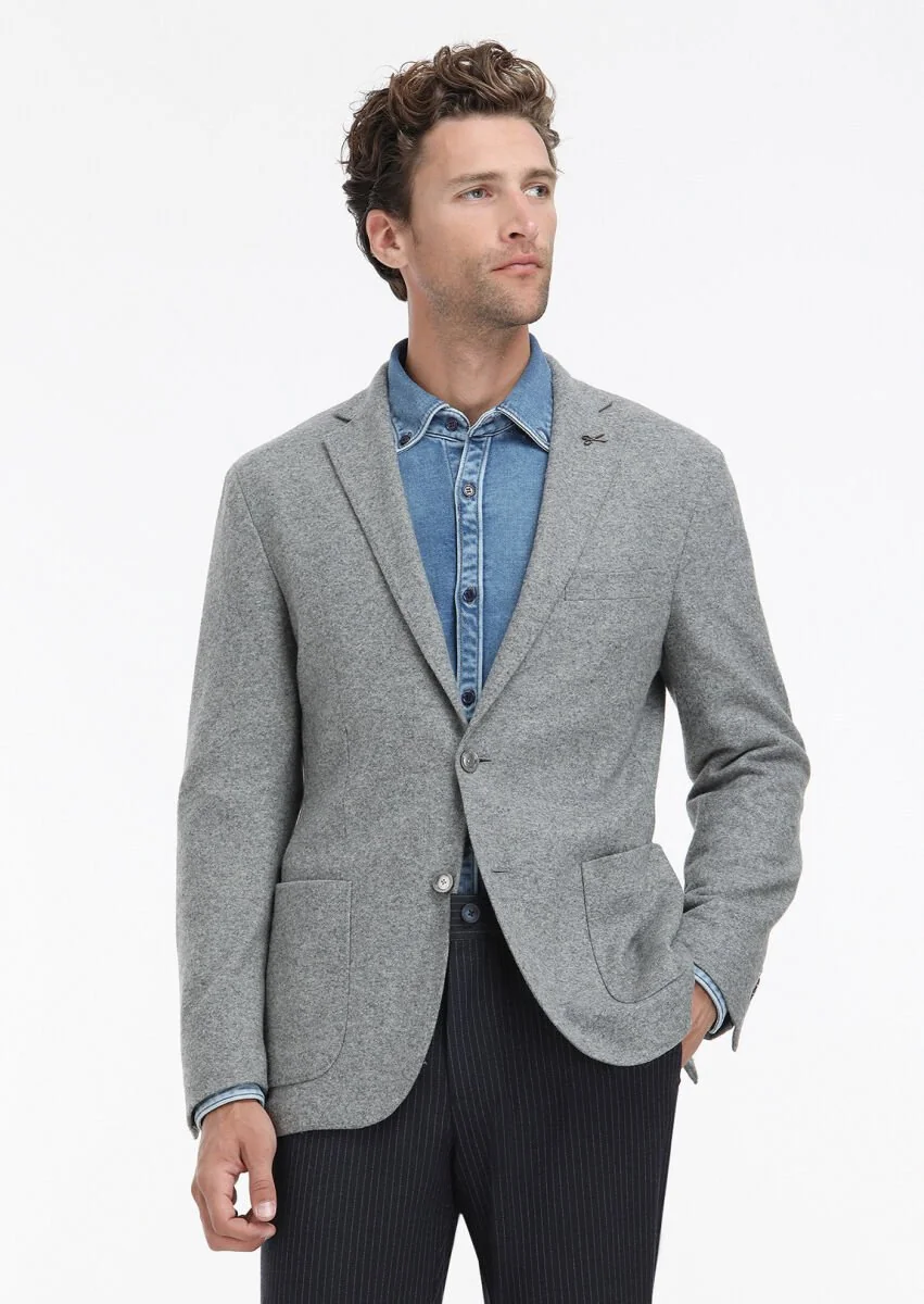 Grey Plain Shirt Shoulder Slim Fit Wool Blended Jacket - 2