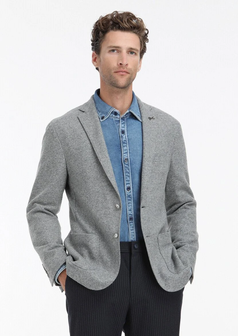 Grey Plain Shirt Shoulder Slim Fit Wool Blended Jacket - 3
