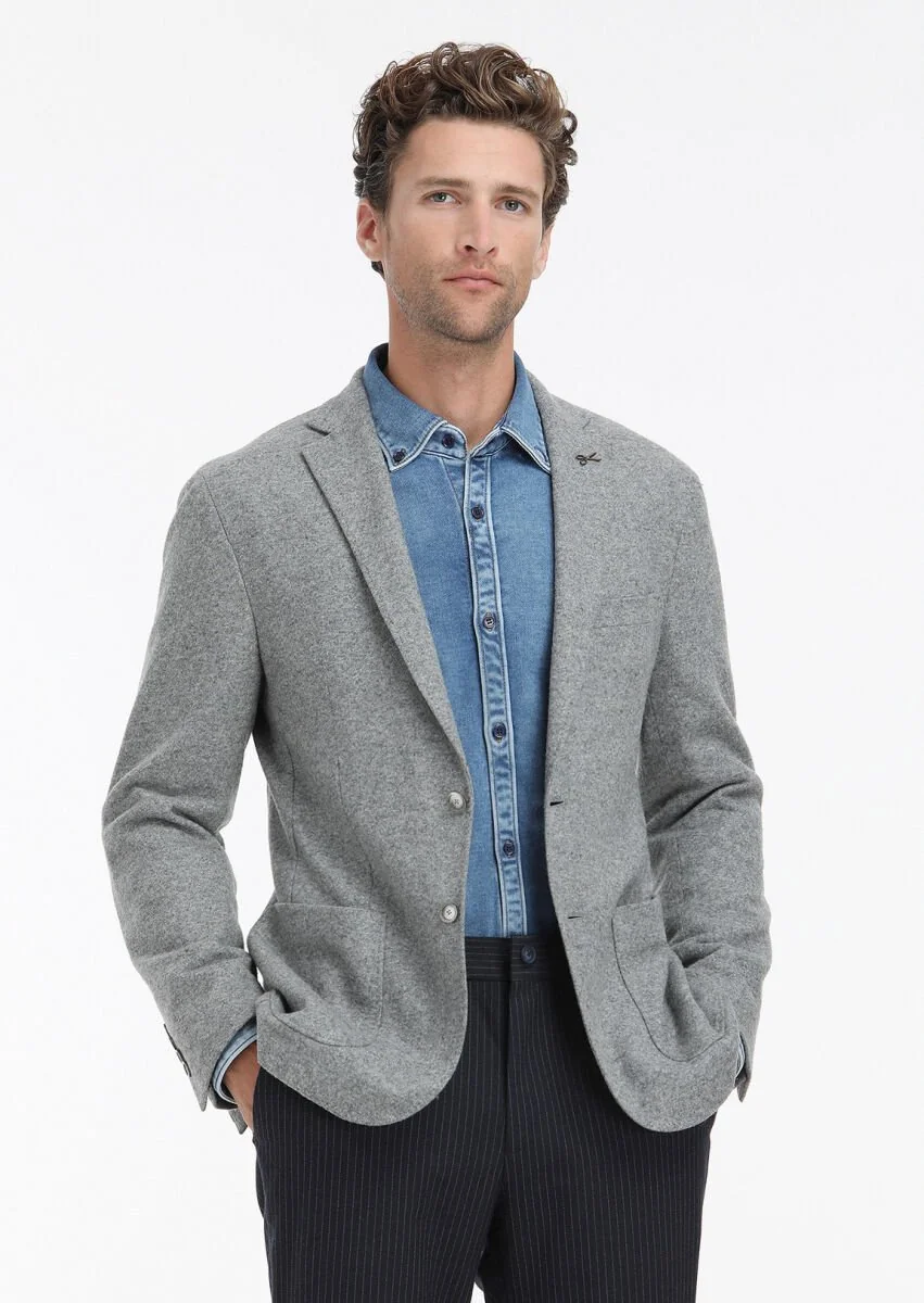 Grey Plain Shirt Shoulder Slim Fit Wool Blended Jacket - 3