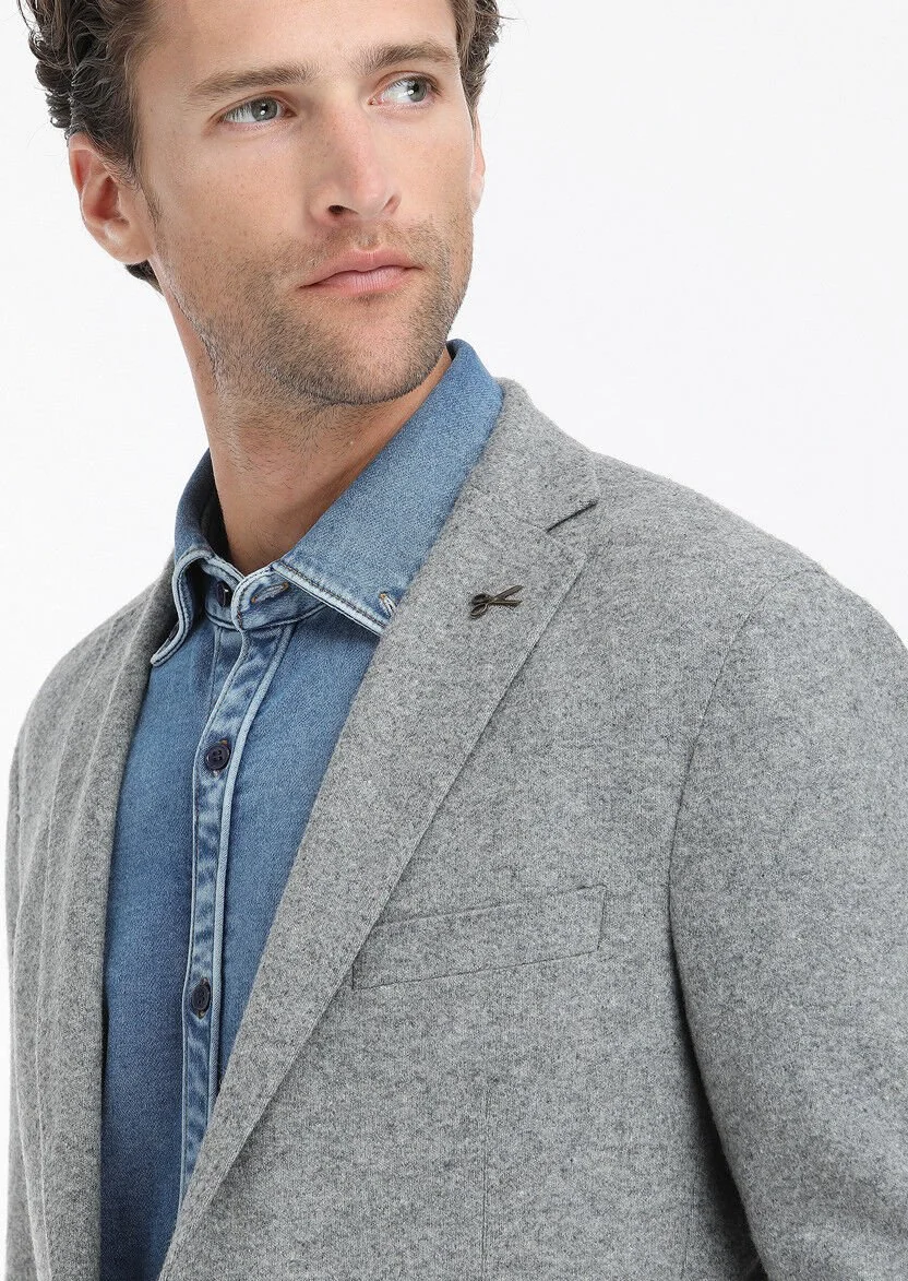 Grey Plain Shirt Shoulder Slim Fit Wool Blended Jacket - 4