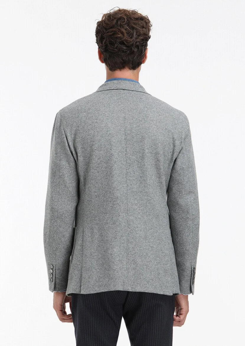 Grey Plain Shirt Shoulder Slim Fit Wool Blended Jacket - 8
