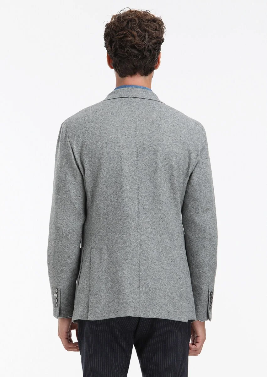 Grey Plain Shirt Shoulder Slim Fit Wool Blended Jacket - 8