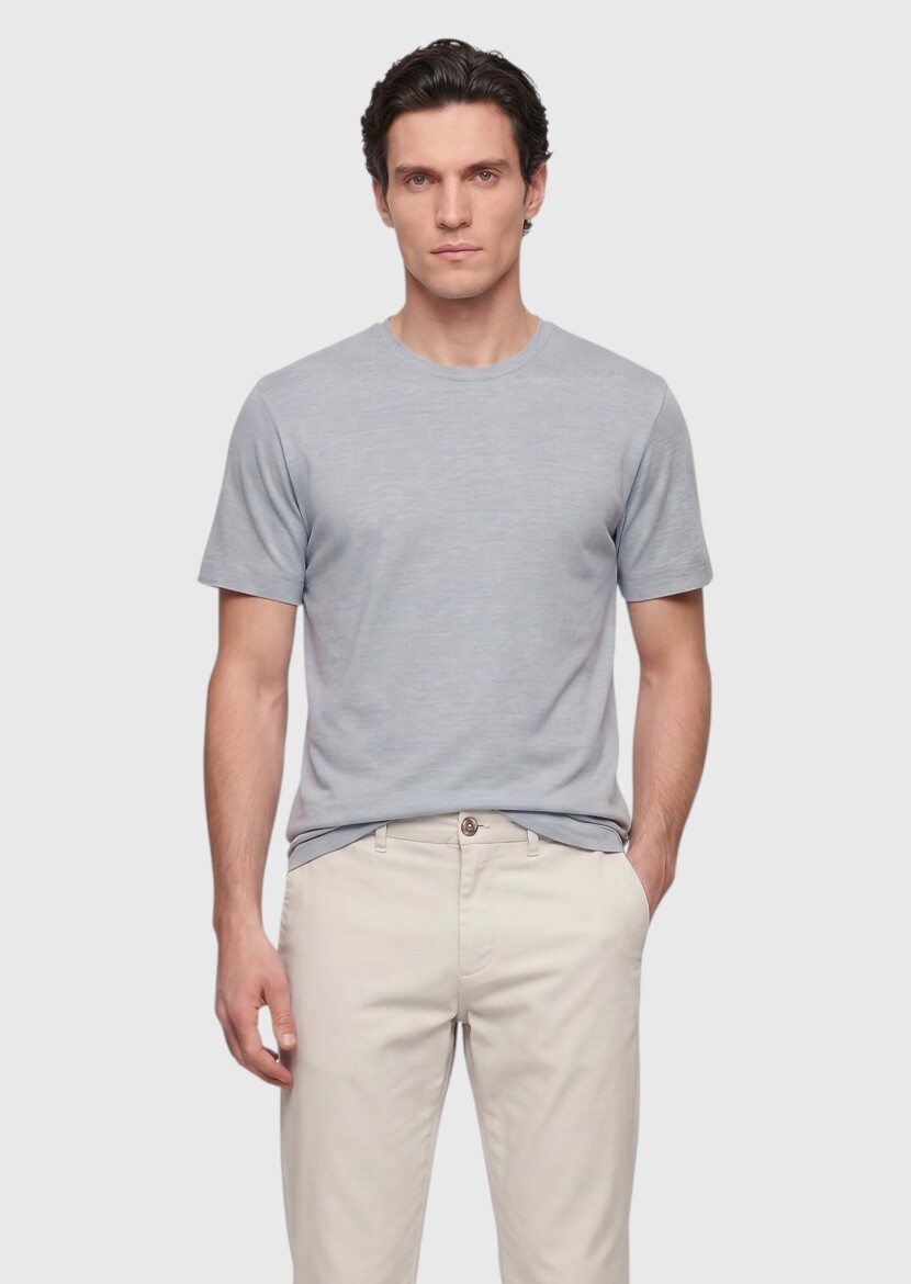 Grey Plain Silk Blended T-Shirt - 1
