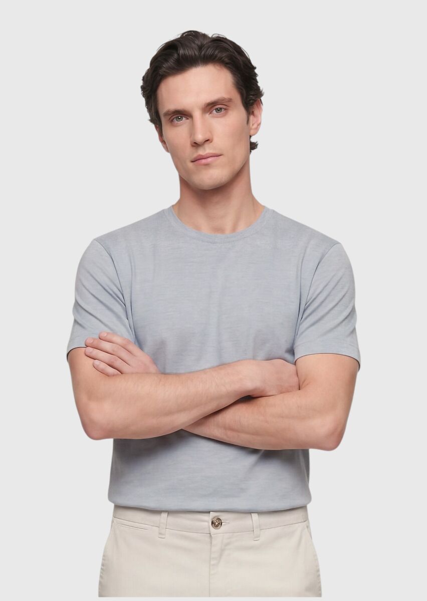 Grey Plain Silk Blended T-Shirt - 3