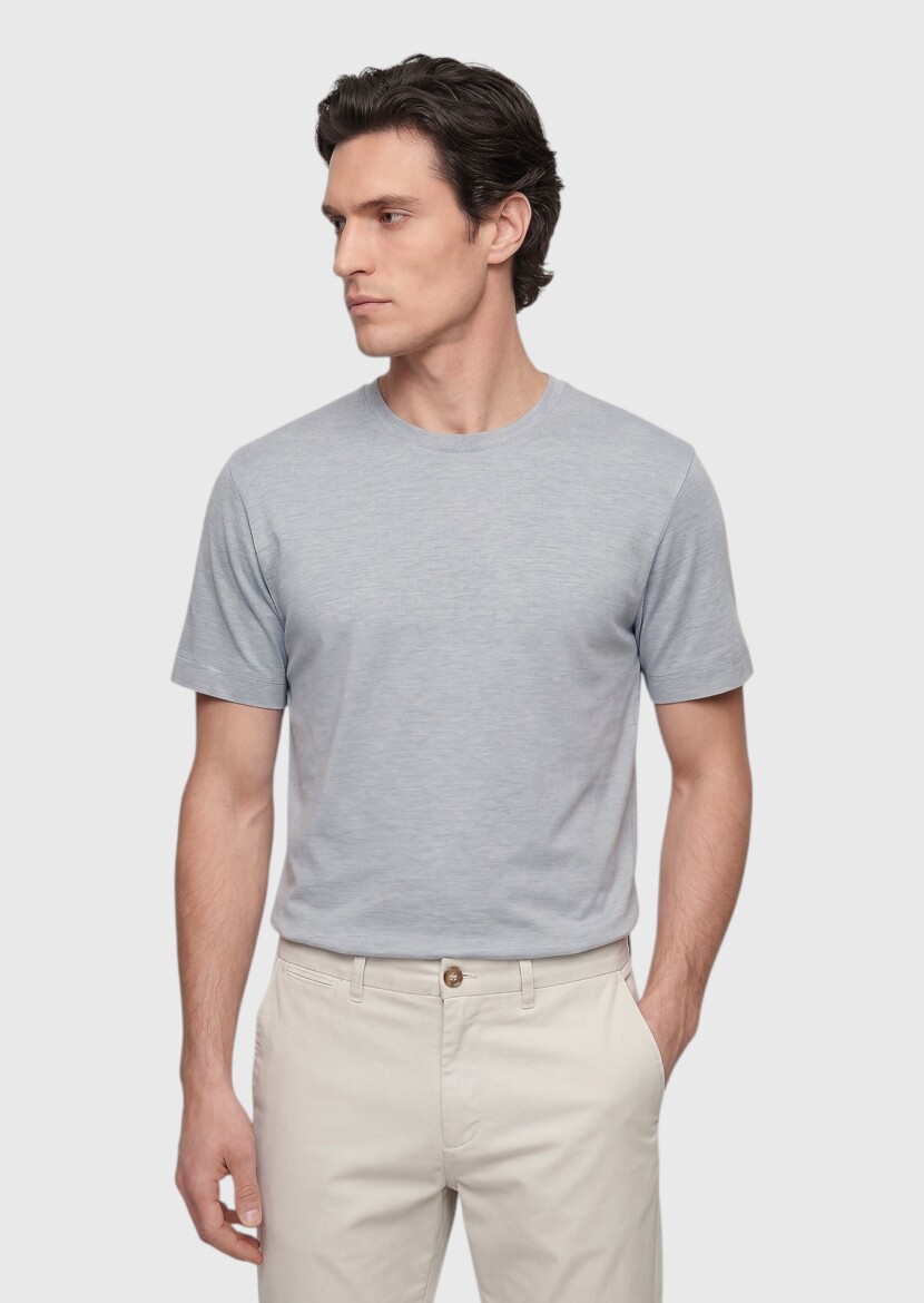 Grey Plain Silk Blended T-Shirt - 4