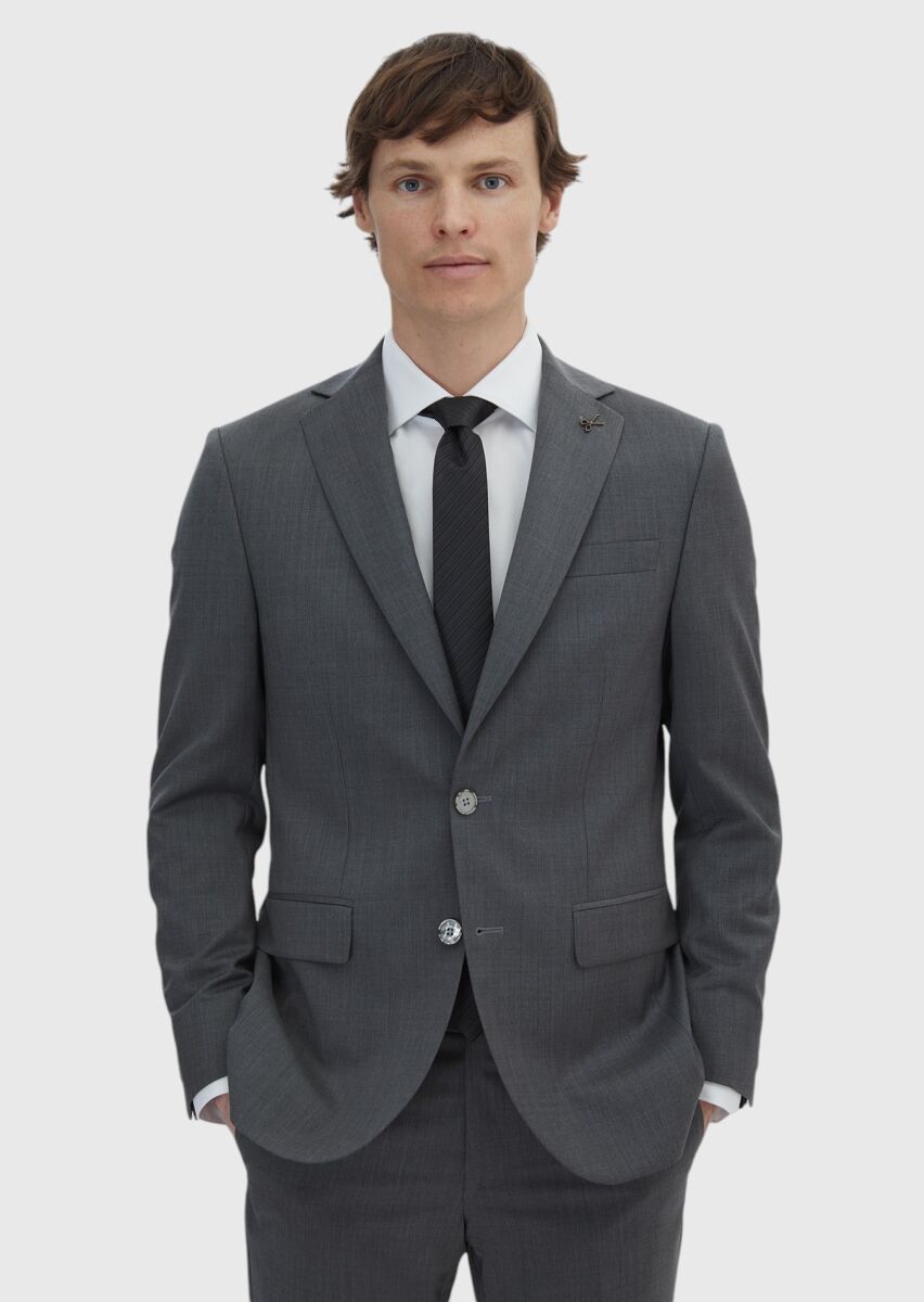 Grey Plain Slim Fit 100% Wool Suit - 1