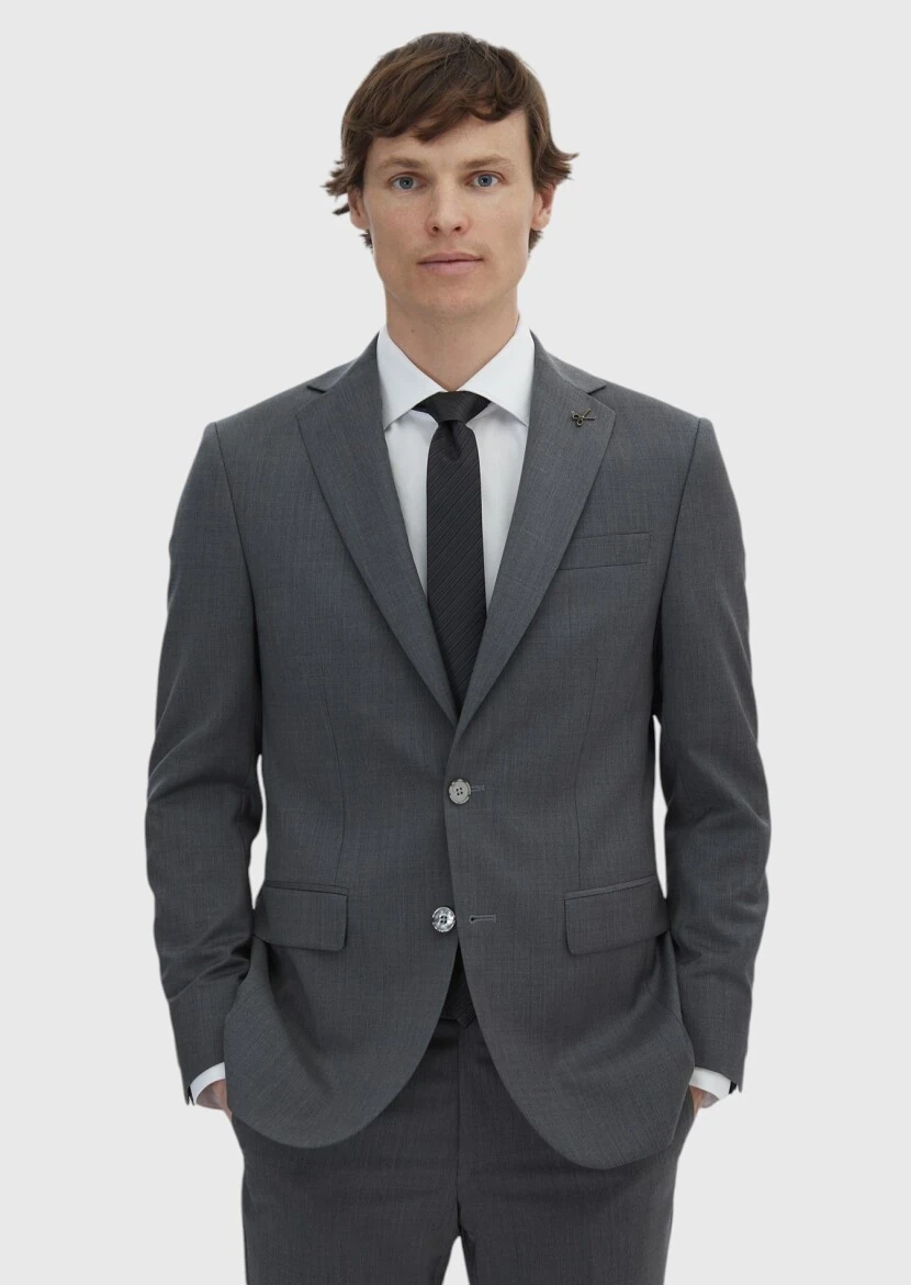 Grey Plain Slim Fit 100% Wool Suit - 1