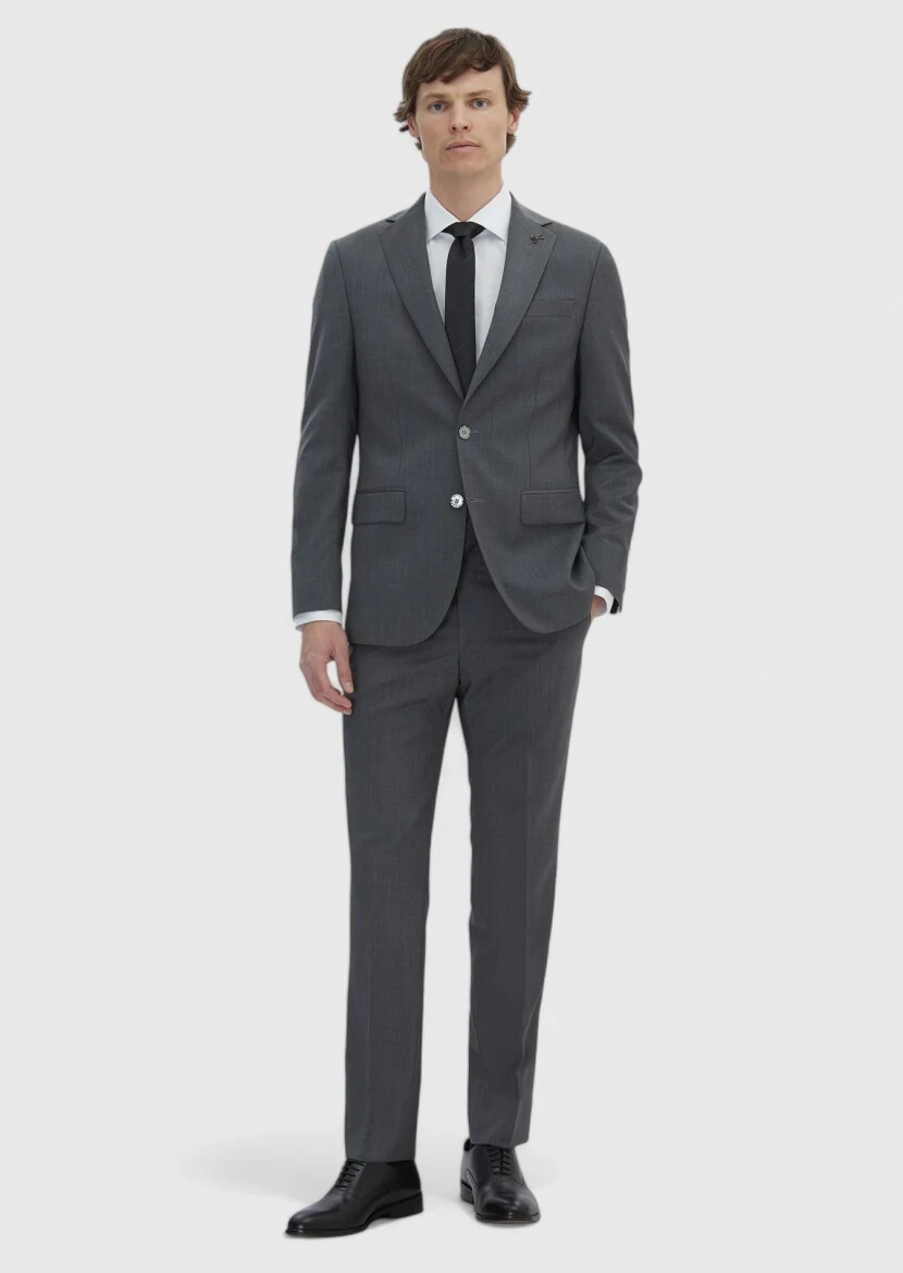 Grey Plain Slim Fit 100% Wool Suit - 2