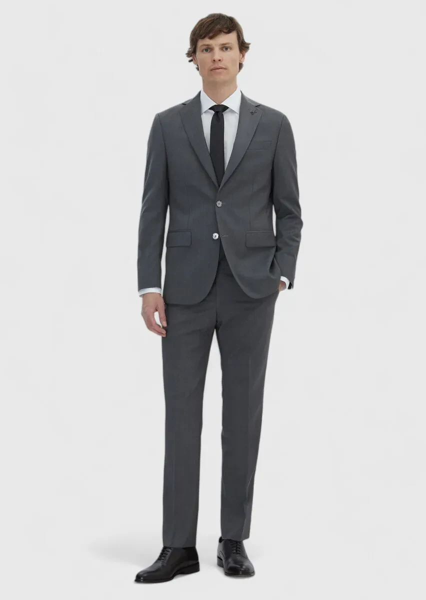 Grey Plain Slim Fit 100% Wool Suit - 2