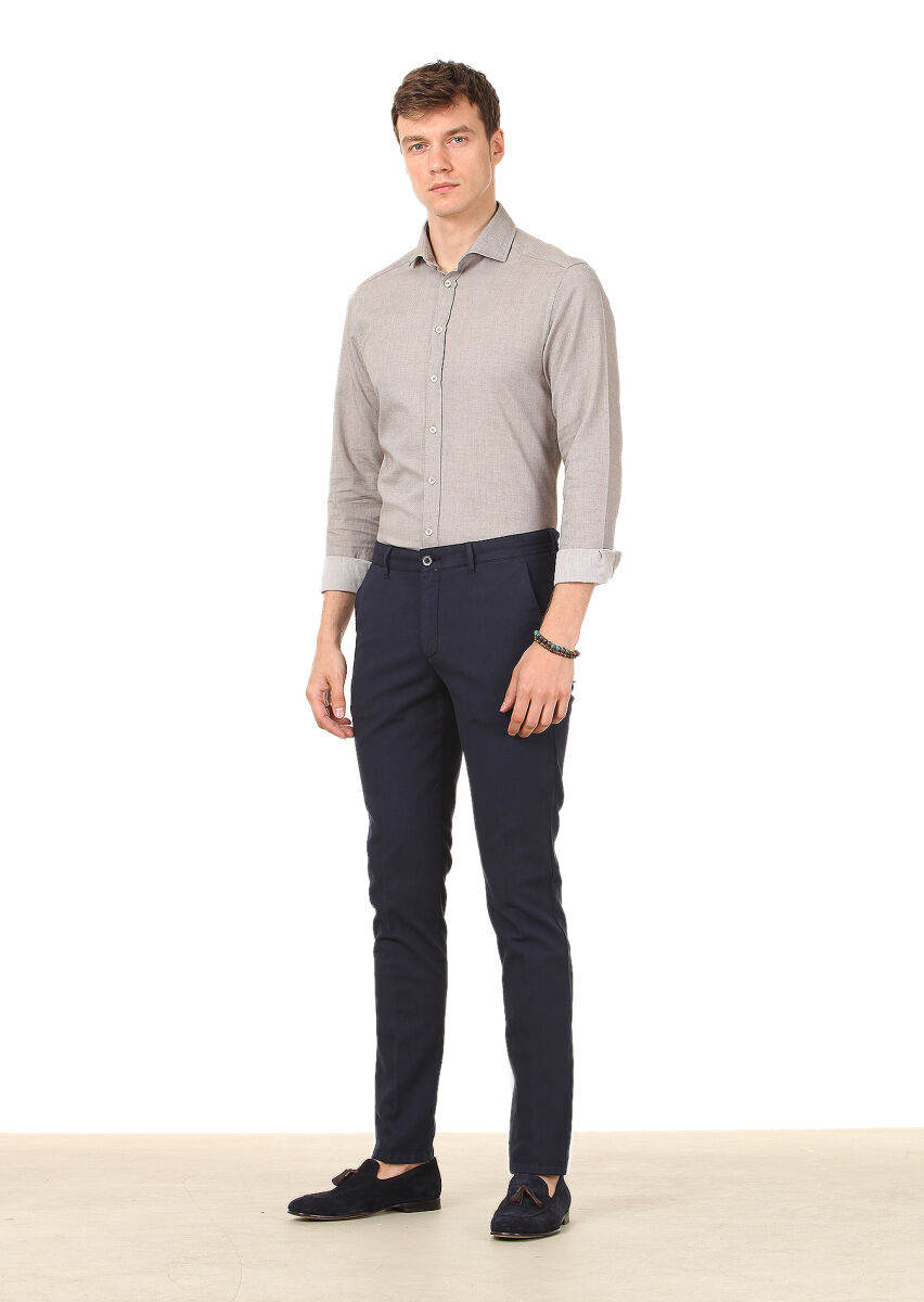 Grey Plain Slim Fit Long Weaving Casual 100% Cotton Shirt - 1