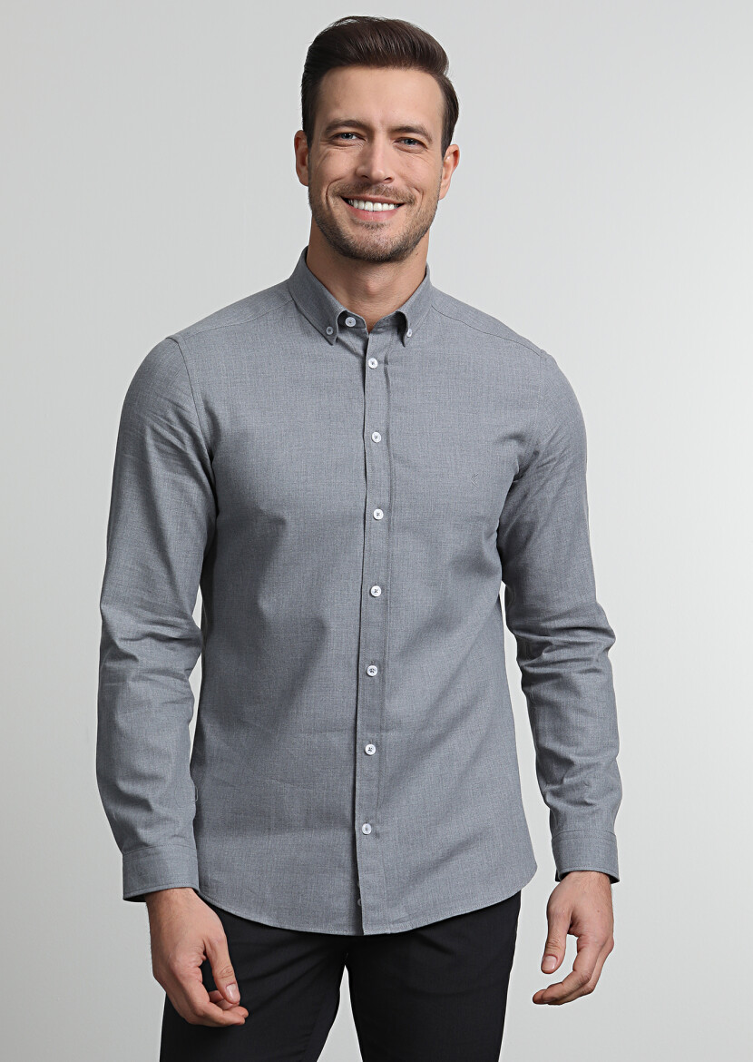 Grey Plain Slim Fit Long Weaving Casual 100% Cotton Shirt - 1