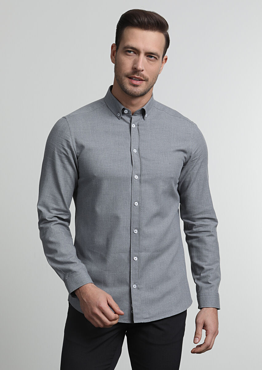 Grey Plain Slim Fit Long Weaving Casual 100% Cotton Shirt - 3