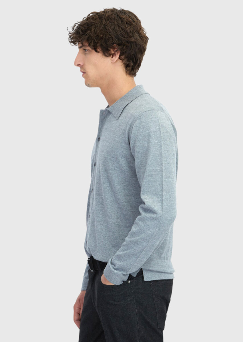 Grey Polo Neck Plain Knitting Wool Blended Cardigan - 3