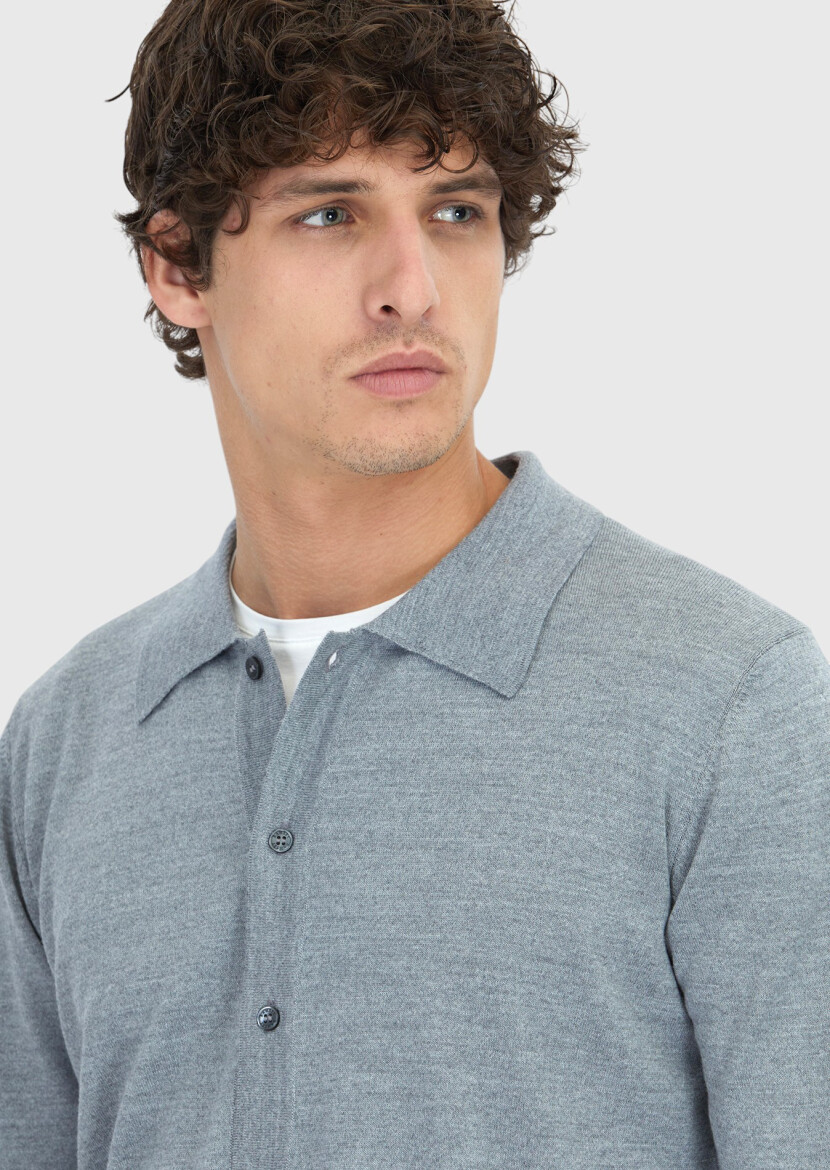Grey Polo Neck Plain Knitting Wool Blended Cardigan - 4