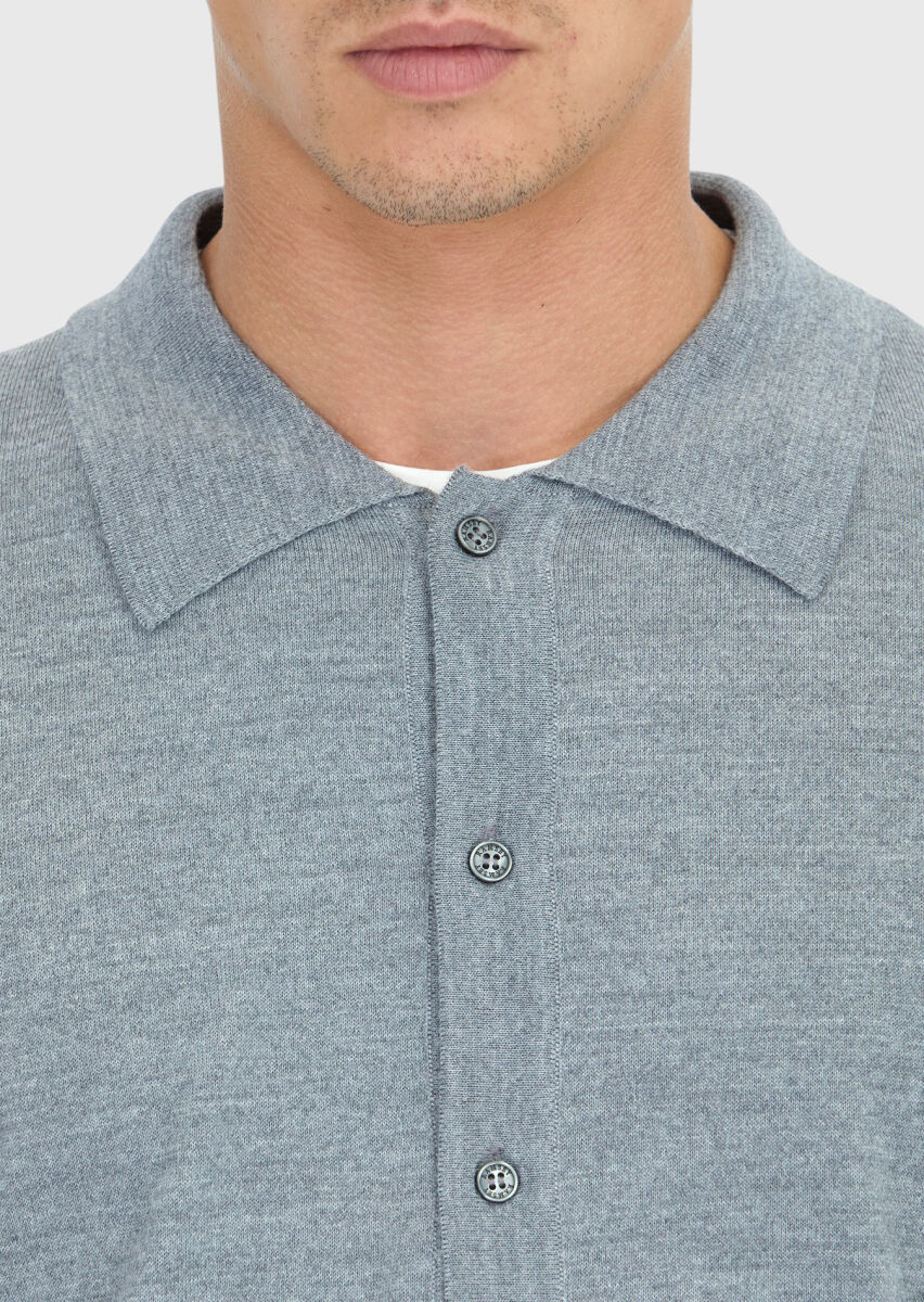 Grey Polo Neck Plain Knitting Wool Blended Cardigan - 5