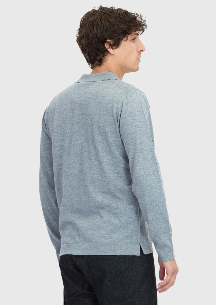 Grey Polo Neck Plain Knitting Wool Blended Cardigan - 6