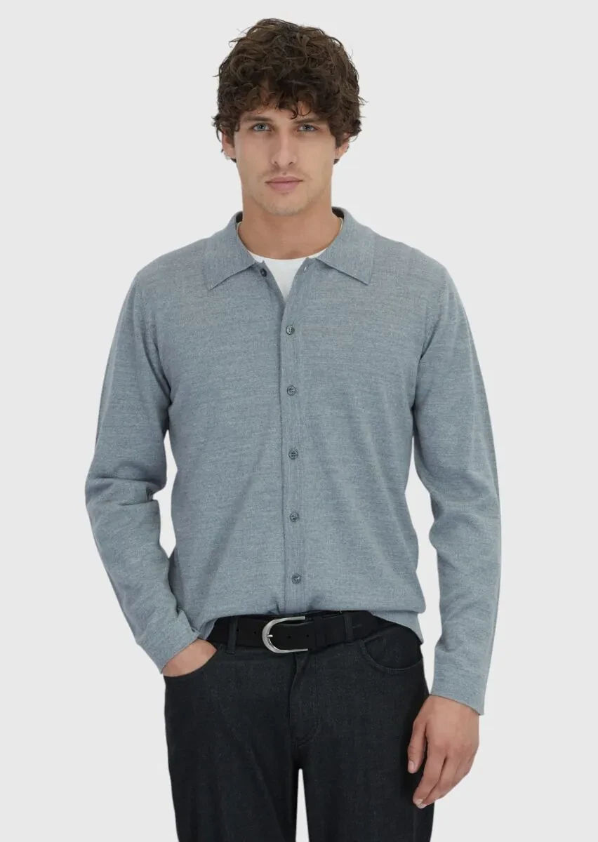 Grey Polo Neck Plain Knitting Wool Blended Cardigan - 1