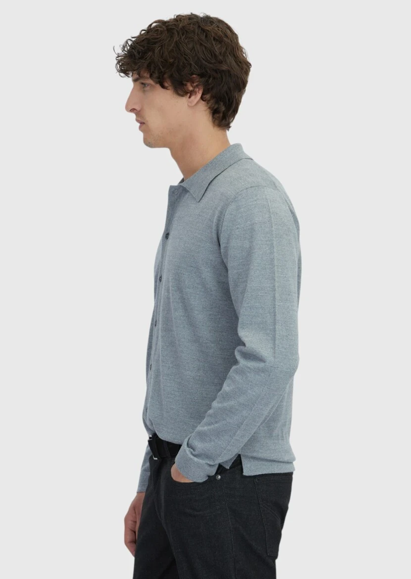 Grey Polo Neck Plain Knitting Wool Blended Cardigan - 3