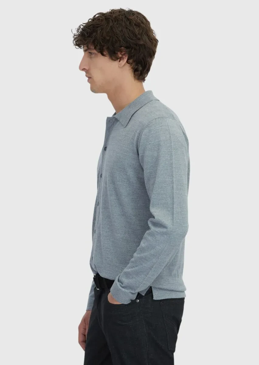 Grey Polo Neck Plain Knitting Wool Blended Cardigan - 3