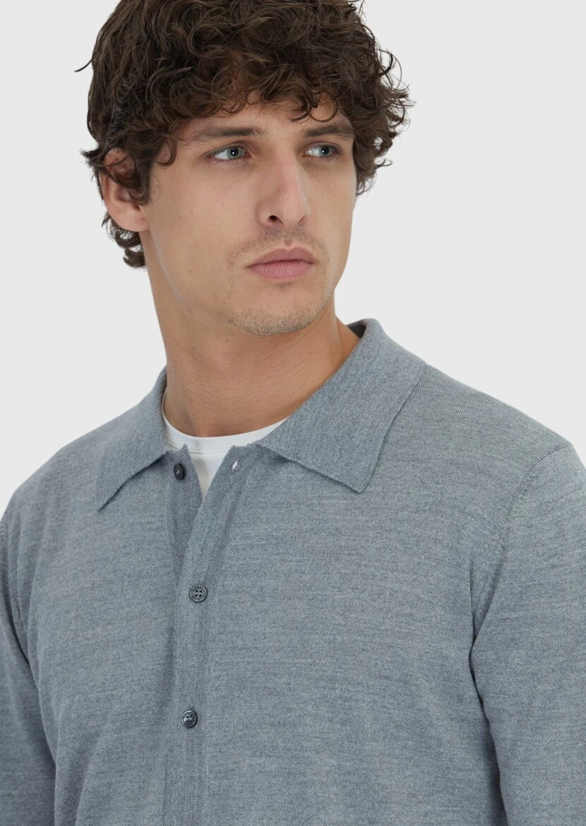 Grey Polo Neck Plain Knitting Wool Blended Cardigan - 4