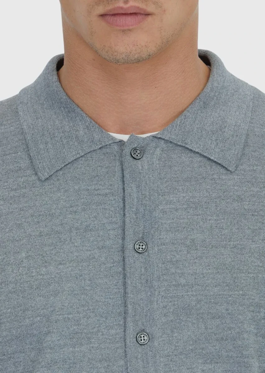 Grey Polo Neck Plain Knitting Wool Blended Cardigan - 5