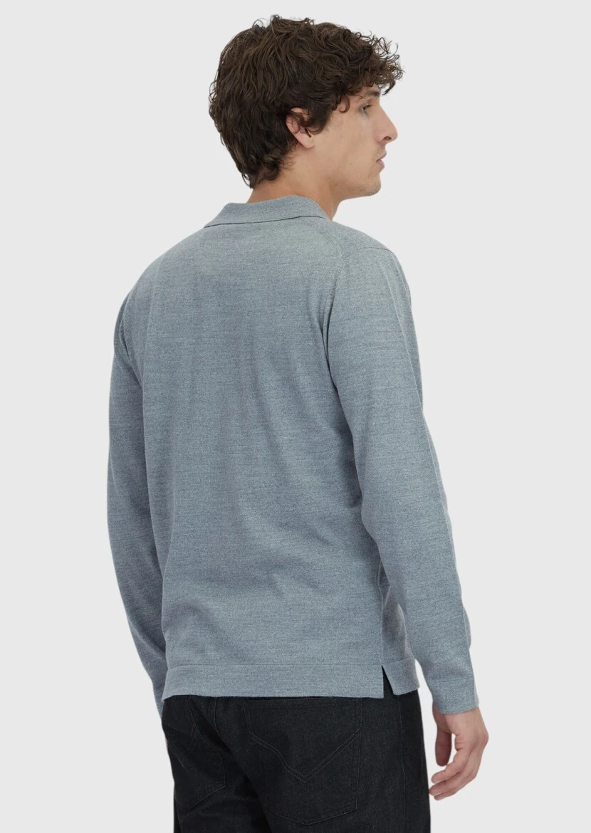 Grey Polo Neck Plain Knitting Wool Blended Cardigan - 6