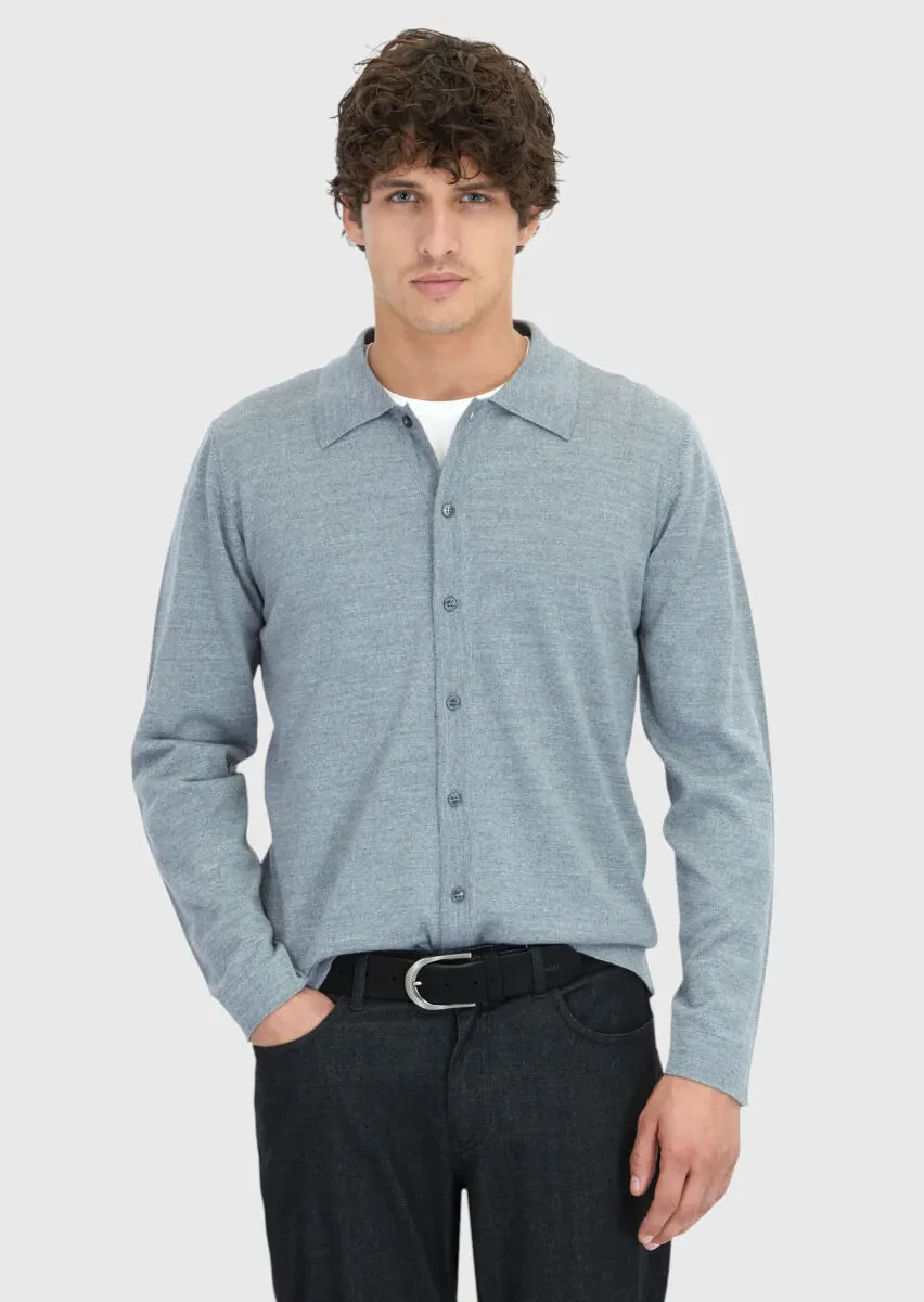 Grey Polo Neck Plain Knitting Wool Blended Cardigan - 1