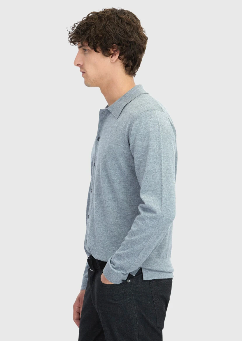 Grey Polo Neck Plain Knitting Wool Blended Cardigan - 3