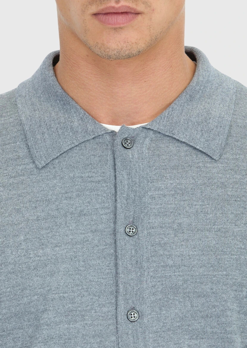 Grey Polo Neck Plain Knitting Wool Blended Cardigan - 5