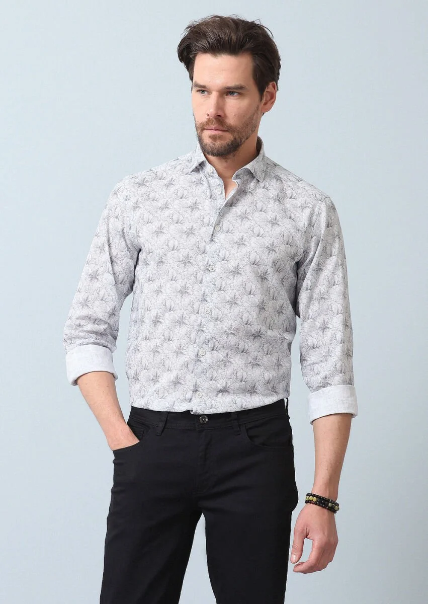 Grey Printed Regular Fit Weaving Casual 100% Cotton Shirt - 1