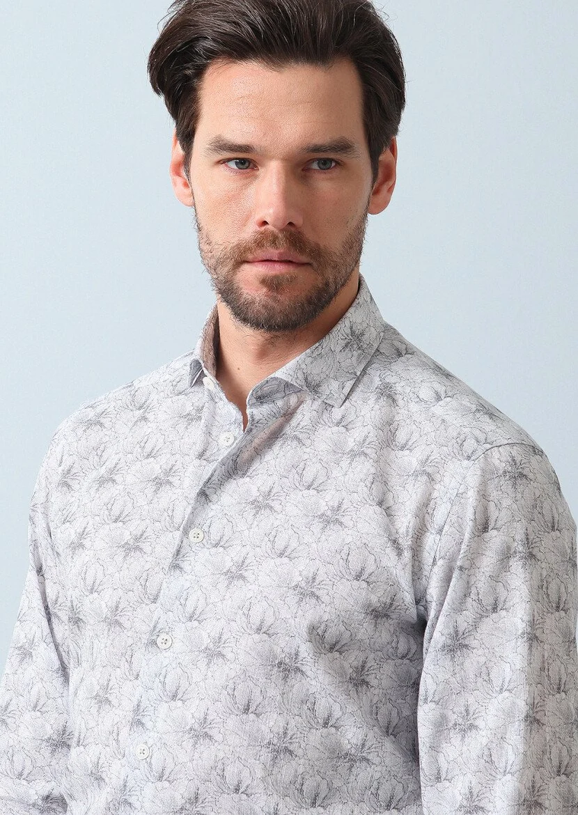 Grey Printed Regular Fit Weaving Casual 100% Cotton Shirt 