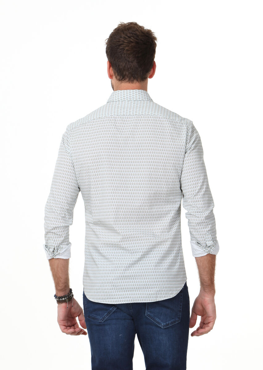 Grey Printed Slim Fit Long Weaving Casual 100% Cotton Shirt - 3