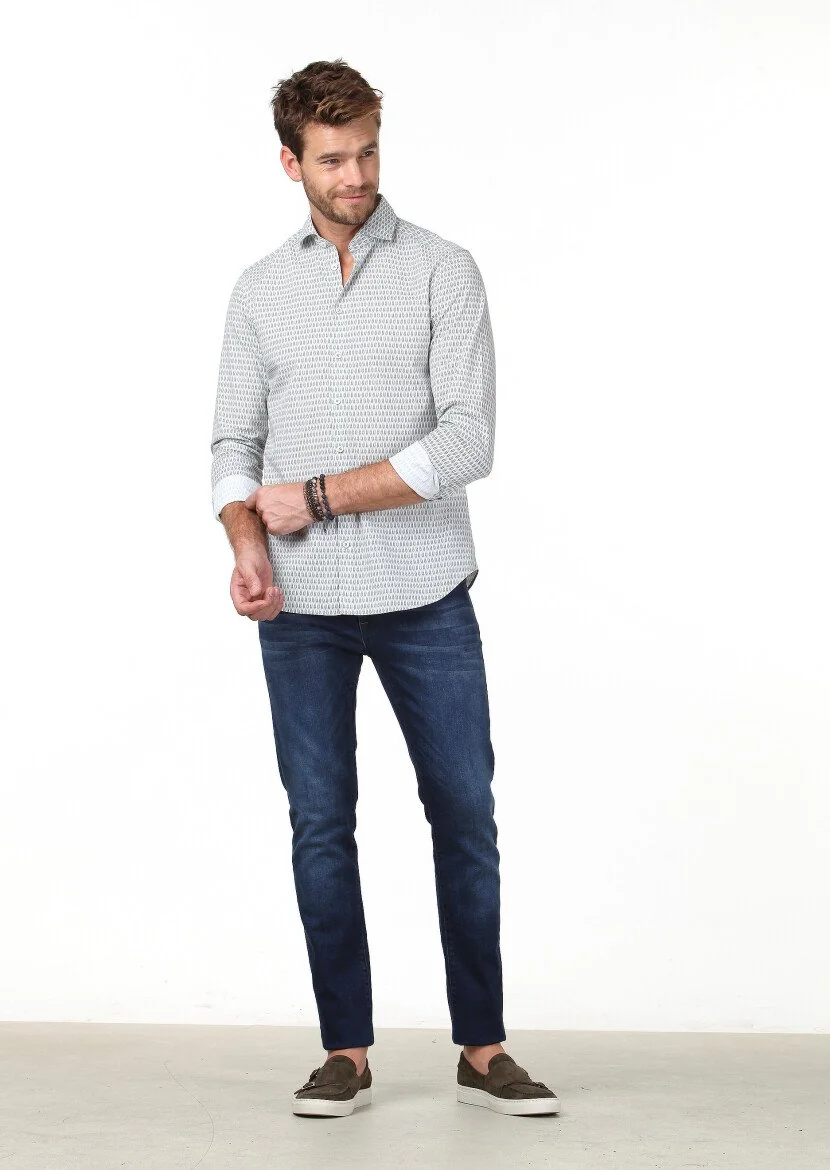 Grey Printed Slim Fit Weaving Casual 100% Cotton Shirt 