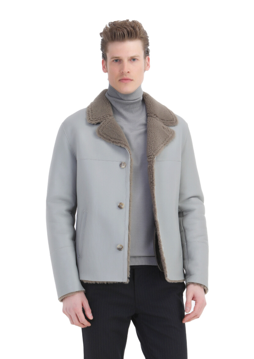Grey Regular Fit Butterfly Collar Casual Fur Leather Coat - 1