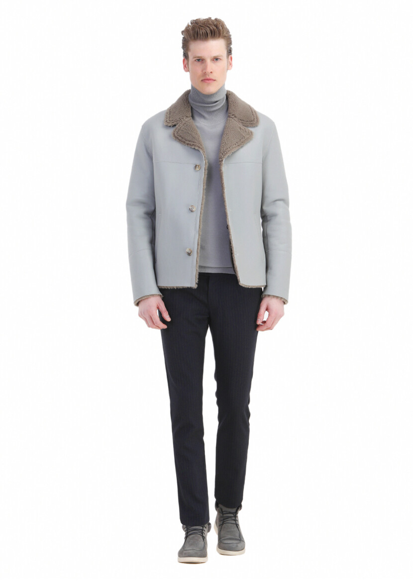 Grey Regular Fit Butterfly Collar Casual Fur Leather Coat - 2