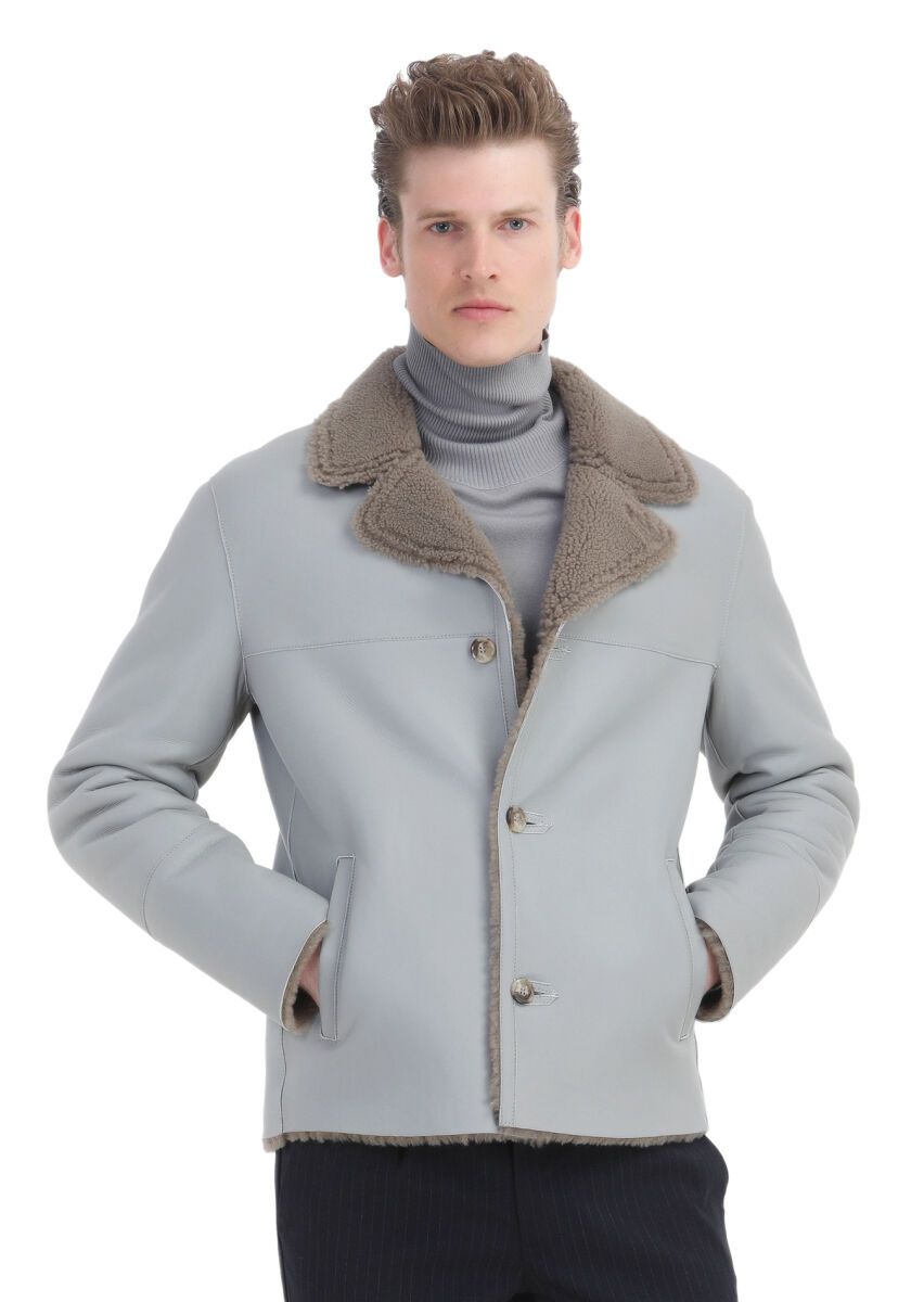 Grey Regular Fit Butterfly Collar Casual Fur Leather Coat - 3
