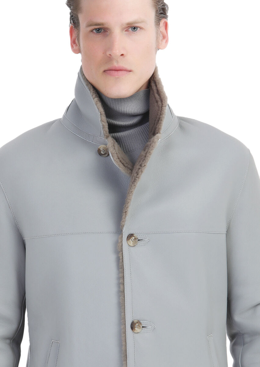 Grey Regular Fit Butterfly Collar Casual Fur Leather Coat - 4