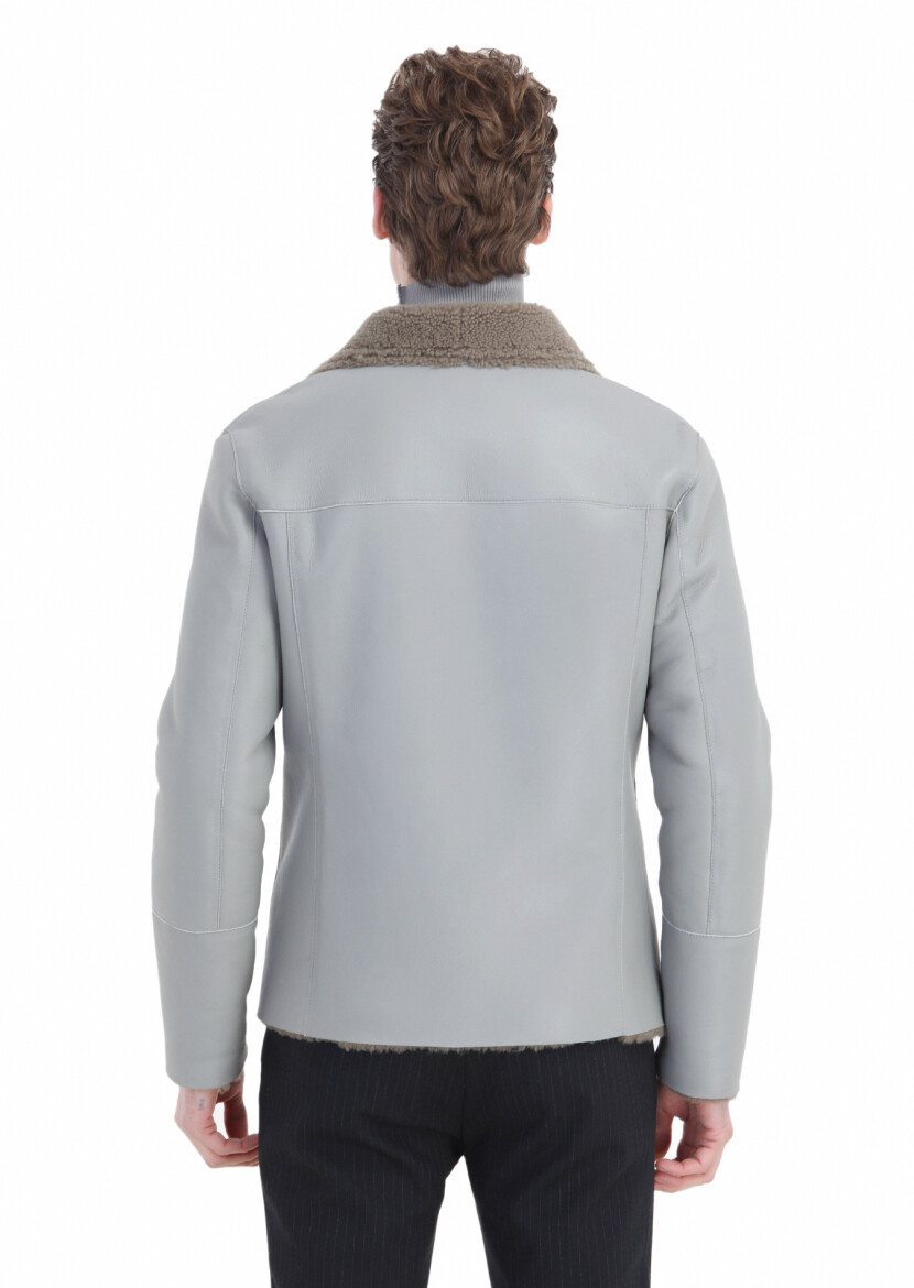 Grey Regular Fit Butterfly Collar Casual Fur Leather Coat - 5