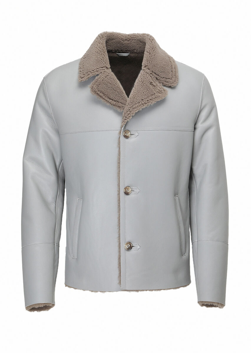 Grey Regular Fit Butterfly Collar Casual Fur Leather Coat - 6