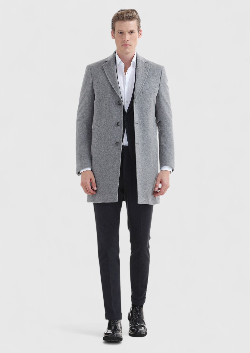 Grey Regular Fit Butterfly Collar Classical Weaving Overcoat - 2