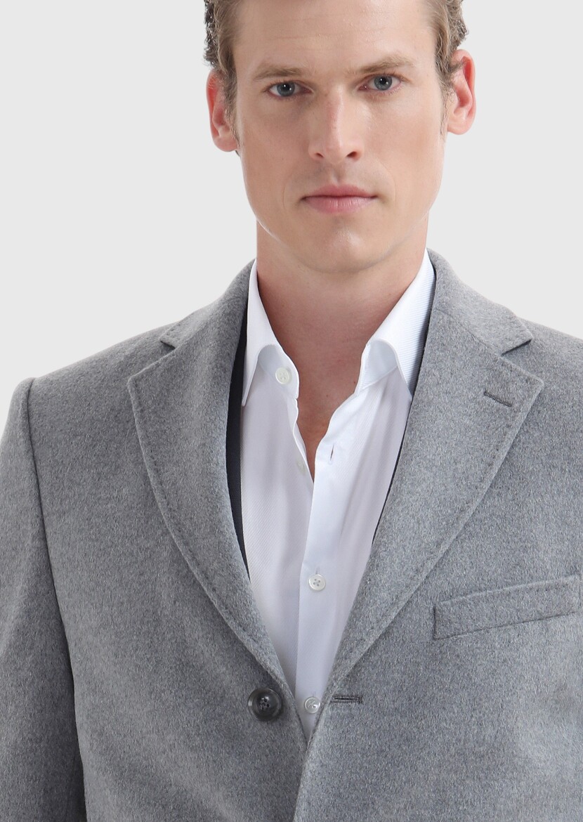 Grey Regular Fit Butterfly Collar Classical Weaving Overcoat - 3