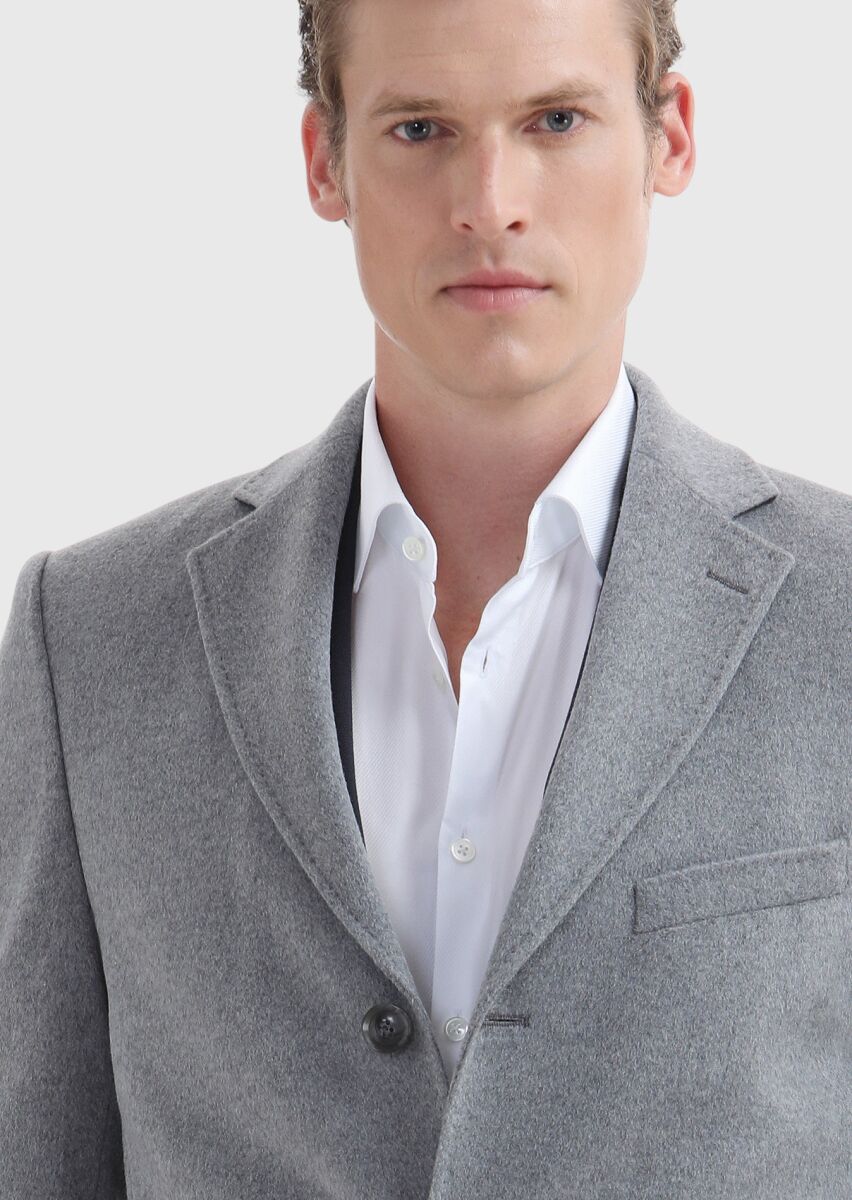 Grey Regular Fit Butterfly Collar Classical Weaving Overcoat - 3