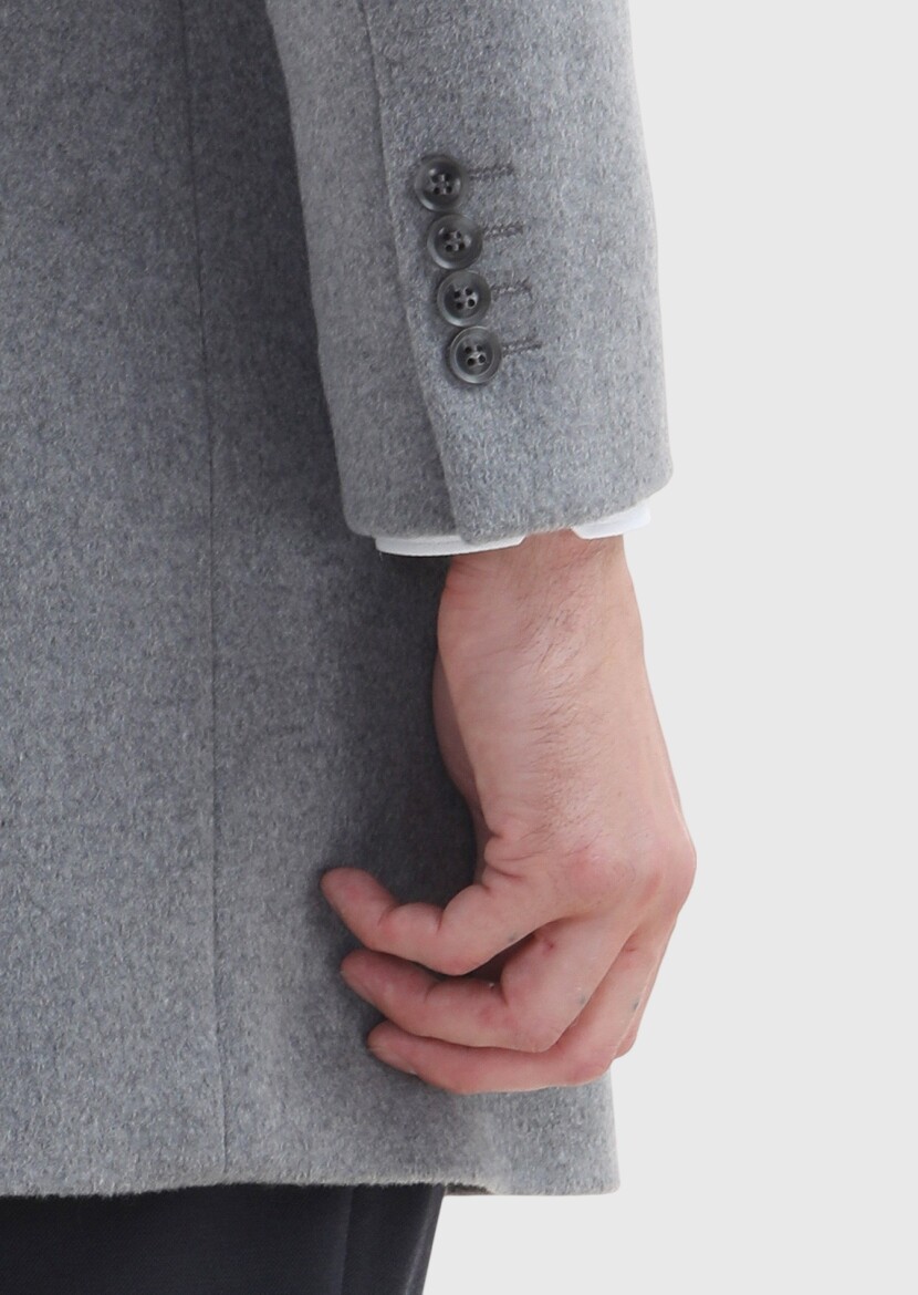 Grey Regular Fit Butterfly Collar Classical Weaving Overcoat - 4