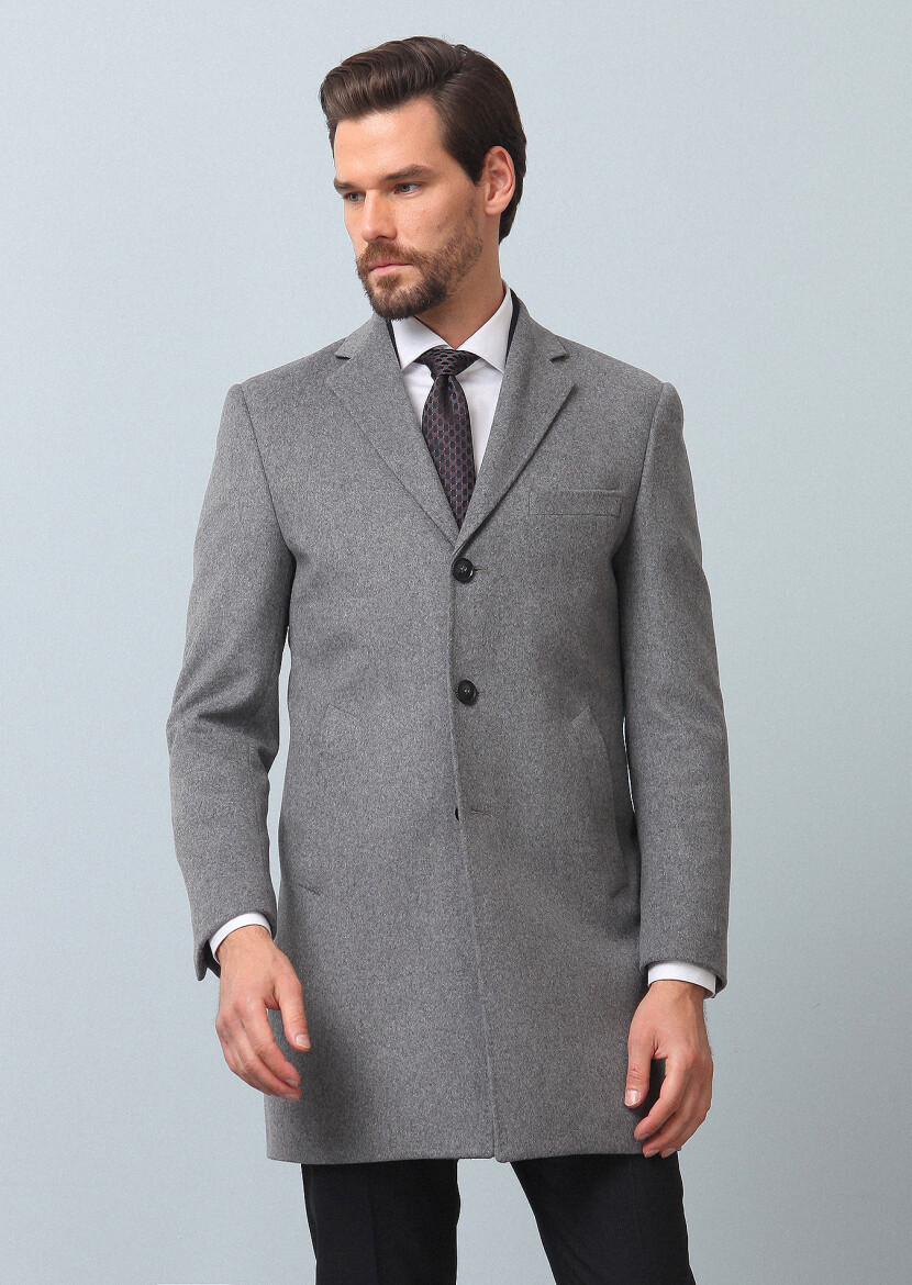 Grey Regular Fit Butterfly Collar Classical Weaving Overcoat - 1