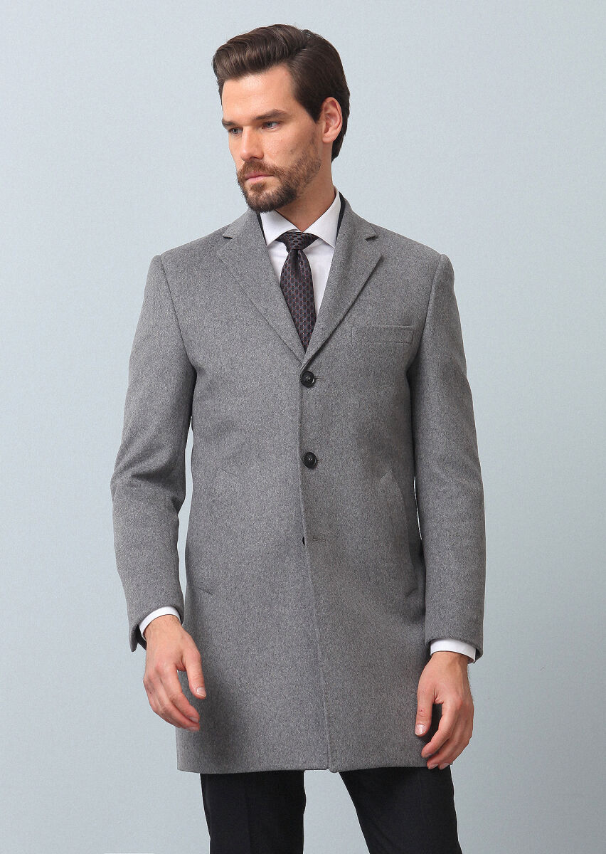 Grey Regular Fit Butterfly Collar Classical Weaving Overcoat - 1