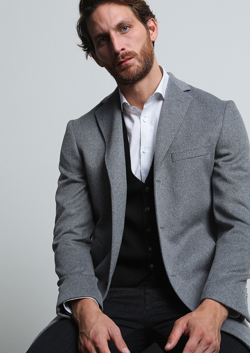 Grey Regular Fit Butterfly Collar Classical Weaving Overcoat - 2